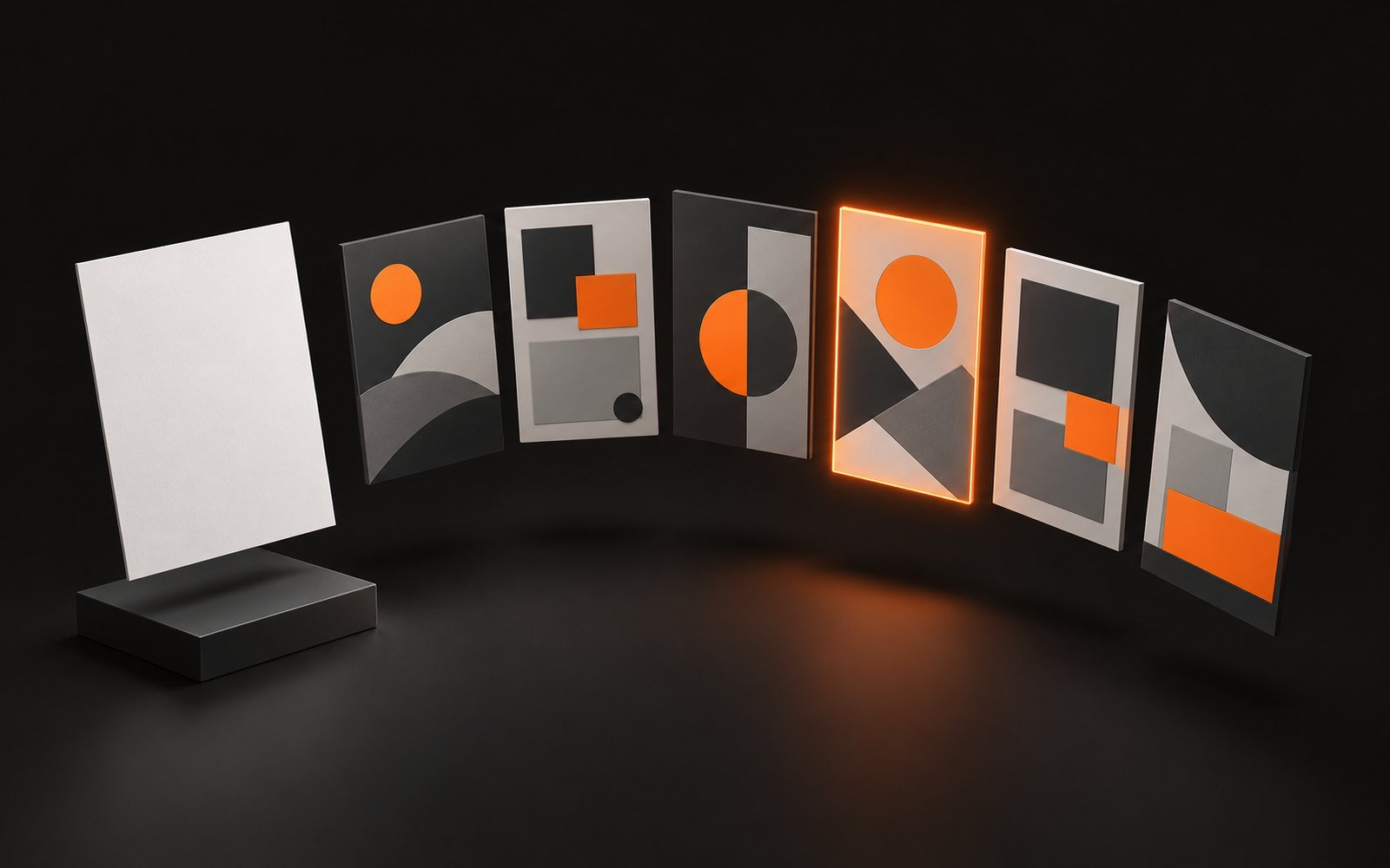 Illustration: one blank brief on a plinth fanned out into six finished abstract poster layouts, one highlighted as chosen