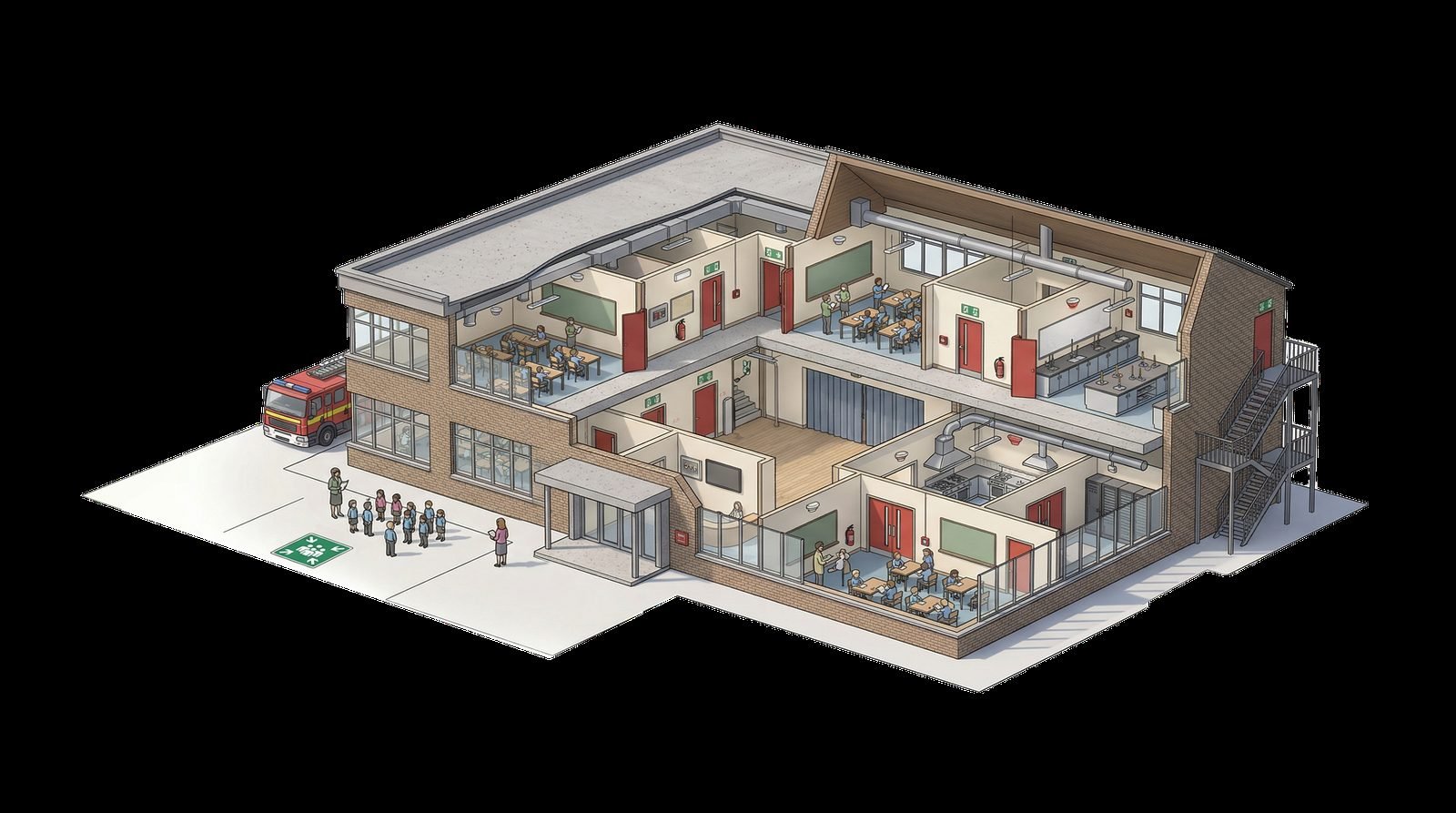 Painted cut-away school building with fire engine and evacuation assembly point
