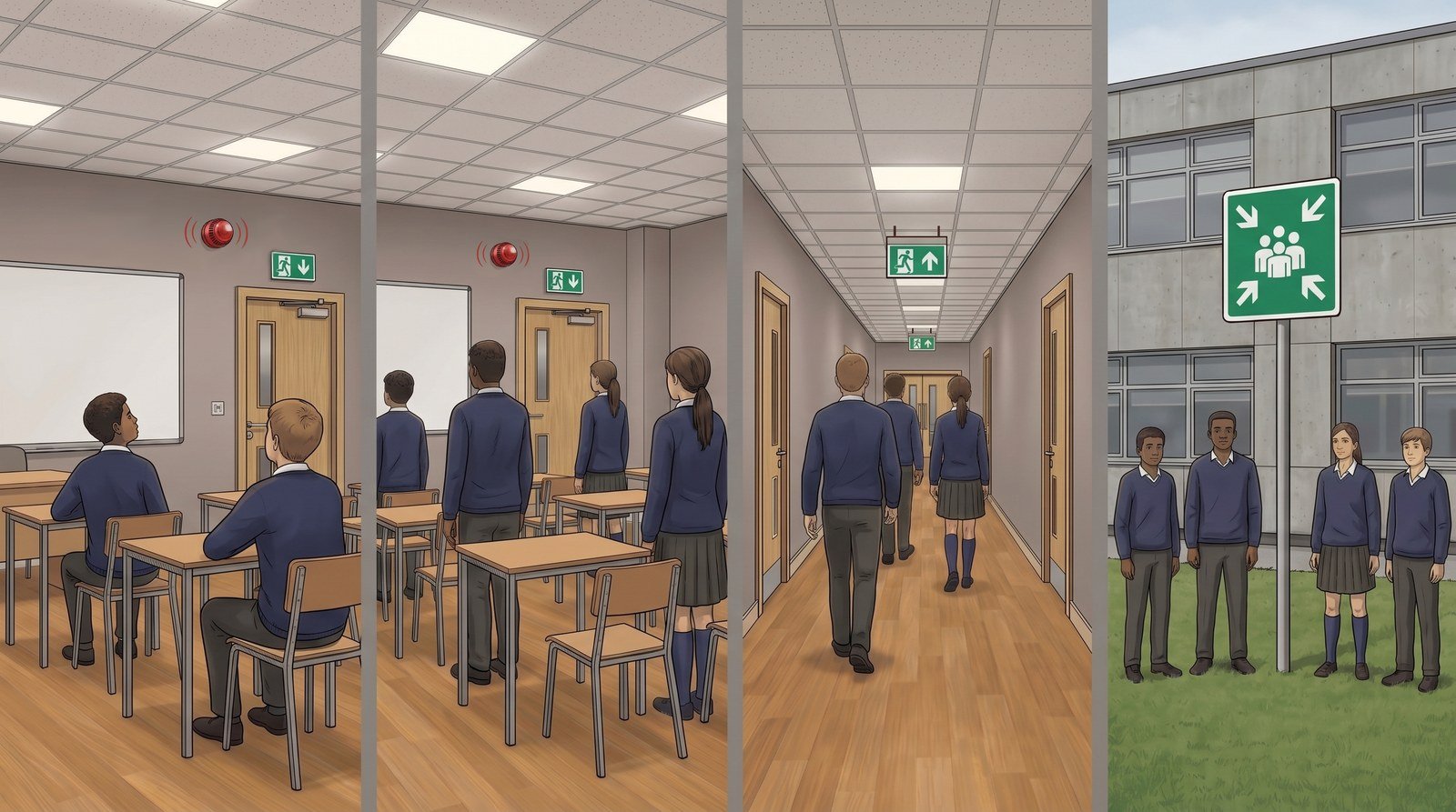 Four painted panels of a school evacuation: alarm in a classroom, leaving, the corridor, the assembly point