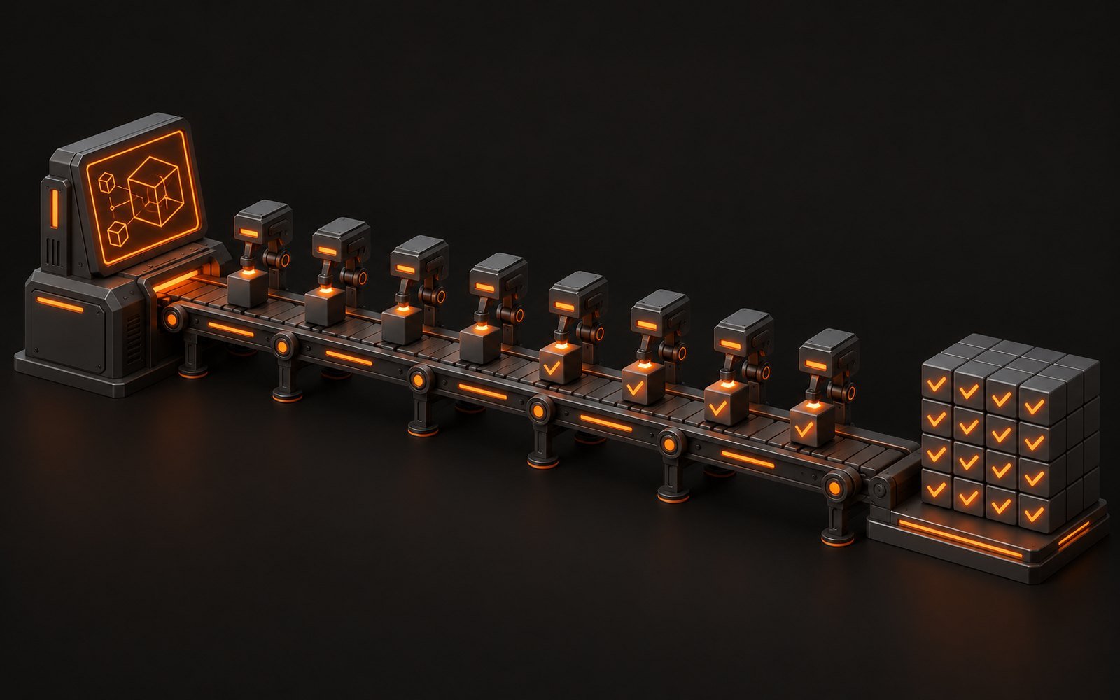 Illustration: a larger lead console directing a line of small worker units that build and check blocks on a conveyor, finished blocks stacked into a wall