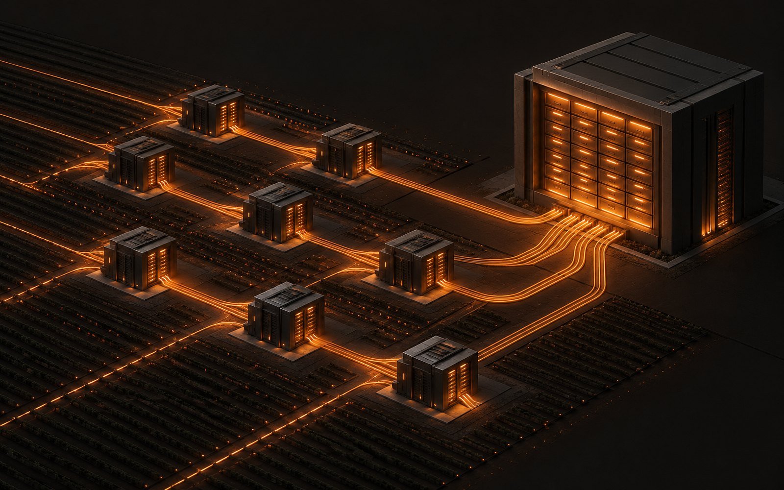 Illustration: a night-time farm of small server colonies, each fed by glowing streams, all feeding one shared archive